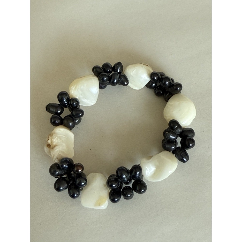 Baroque Pearl Black Bead Bracelet String Expanding
